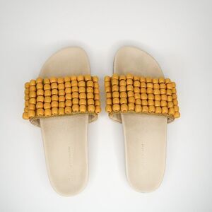 Anthropologie Mustard Beaded Slide Sandals